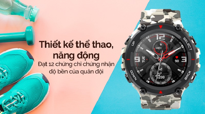 Đồng hồ Huami Amazfit T-Rex Camo sở hữu ngoại h&igrave;nh kh&aacute; hầm hố với hoạ tiết m&agrave;u xanh qu&acirc;n đội 